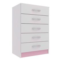 Cômoda Lídia 5 Gavetas Rosa e Branca Evidência