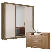 Cômoda London e Guarda Roupa Casal Residence Amêndola Off White com Pés - Demóbile