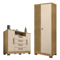 Comôda Madri Com Armário Multiuso Versátile Carvalho Americano Off White - Incorplac