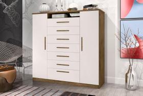 Cômoda MEG 2 Portas + 7 Gavetas Com Amplo Espaço Para Organização Cor Jequitiba/Off White