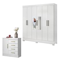 Cômoda Montevidéu e Guarda Roupa Casal Prático Branco com Espelho - Demóbile Cômoda Montevidéu e Guarda Roupa Casal Prático Branco com Espelho - Demóbile