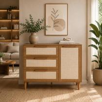 Cômoda Multiuso MDF com Palhinha Natural e Pés Madeira Cor Louro Freijó com Nogueira