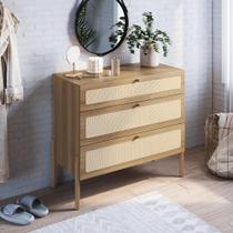 Cômoda oslo 3 gavetas palhinha base madeira hanover ou nero - artesano