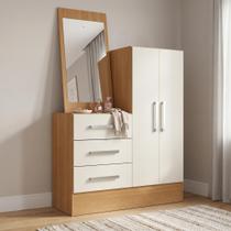 Cômoda para Quarto 3 Gavetas 2 Portas com Espelho Dunas Cinamomo e Off White Yescasa Bege