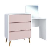 Cômoda Penteadeira 3 Gavetas e Espelho Linha Curve 136cm Branco/Rosa CV005BCRM - Completa Móveis