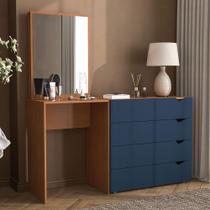 Cômoda Porto 4 Gavetas com Espelho Azul/Freijó - Politorno Cômoda Porto 4 Gavetas com Espelho Azul/Freijó - Politorno