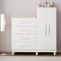 Cômoda Roupeiro Isabela Com Colchão Trocador Impermeavel Infantil Crianca Portas 4 Gavetas Cabideiro Pes Com Regulagem de Altura