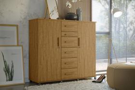 Cômoda Roupeiro Roma Lukaliam Portas com Chave Gaveta com Espelho Rodízios Cabideiro 1,45m Amendoa