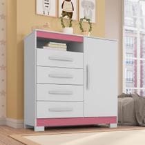 Cômoda Sapateira 1 Porta 4 Gavetas Modena Branco Tx Flex Detalhe Rosa - Combo Stock