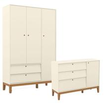 Cômoda Sapateira e Guarda Roupa Unique 3 Portas Off White Eco Wood - Matic