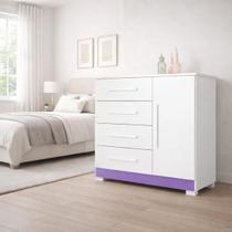 Cômoda Sapateira Malibú Com Pés Para Quarto 4 Gavetas e Porta Com Prateleira Em MDP - JM3 Móveis Cor:Branco/Lilas Cômoda Sapateira Malibú Com Pés Para Quarto 4 Gavetas e Porta Com Prateleira Em MDP - JM3 Móveis Cor:Branco/Lilas
