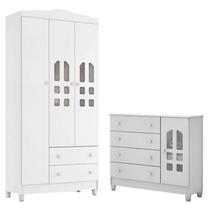 Cômoda Selena e Guarda Roupa Infantil New Selena 3 Portas Branco Brilho Carolina Móveis