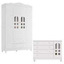 Cômoda Selena e Guarda Roupa Infantil New Selena 4 Portas Branco Brilho Carolina Móveis