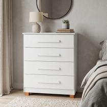 Cômoda Suíça com 4 Gavetas Corrediças Metálicas e Pés em Madeira para Quarto Casal Moderno - Branco Cômoda Suíça com 4 Gavetas Corrediças Metálicas e Pés em Madeira para Quarto Casal Moderno - Branco