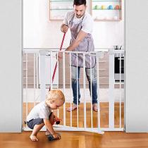 COMOMY Extra Wide Baby Gate 29.5 "-40.5", Auto Close Dog Gate para Escadas de Portas da Casa, Pressão Montada Easy Walk Thru Pet Gate Safety Child Gate, Inclui 4 Copos de Parede e 2 Peças de Extensão, Branco