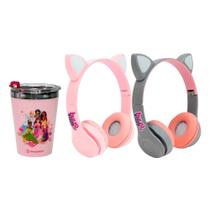 COMP Copo Viagem 300ml Princesas + Cat Fone Bluetooth Dobrável c/ Microfone Cor Sortida