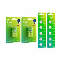 COMP Kit 2 Baterias Alcalina 9V e 2 Cartelas com 5 und Bateria Lítio CR2032 Elgin COMP Kit 2 Baterias Alcalina 9V e 2 Cartelas com 5 und Bateria Lítio CR2032 Elgin