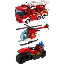 COMP Kit Blocos de Montar Bombeiros: Caminhão + Helicóptero + Motocicleta - Xalingo