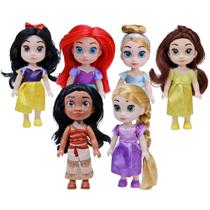 COMP Kit Bonecas Disney Princesas 15cm: Ariel, Branca de Neve, Cinderela, Bela, Rapunzel e Moana