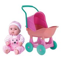 COMP Kit Brinquedos Infantis: Boneca Love + Carrinho Ninos Rosa Plástico com Capota Regulável