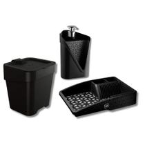 COMP Kit Cozinha Slim Preto UZ: Lixeira de Pia, Escorredor de Louça e Dispenser de Detergente