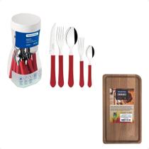 COMP Kit Faqueiro Tramontina Leme com Lâminas em Aço Inox e Cabos de Polipropileno Vermelho 20 Peças + Tábua de Madeira