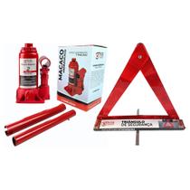 COMP Kit Macaco Hidráulico Garrafa até 2 Toneladas + Triângulo de Sinalização Refletivo 41x41x41cm