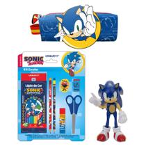 COMP Kit Material Escolar Sonic Lápis 12 Cores + Estojo Tubo com Patch + Boneco 6cm