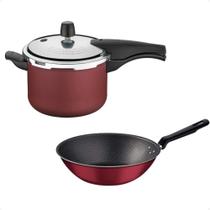 COMP Kit Panela Pressão Tramontina Vancouver Antiaderente 4,5 Litros + Frigideira Wok Vermelho