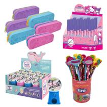 COMP Kit Papelaria: 12 Borrachas Fundo do Mar, 6 Estojos Fini, 30 Lápis Fini, Tesoura Hello Kitty