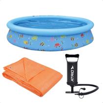 COMP Kit Piscina Inflável Infantil 1.000 Litros Estampa Divertida PVC 1,68m x 51cm + Bomba de Ar + Lona 3x3