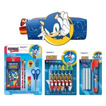 COMP Kit Sonic: Lápis de Cor 12 Cores + Borracha Retrátil + Estojo c/ Patch + Giz de Cera 12 Cores