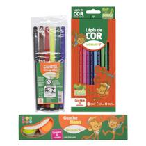 COMP Kit Tinta Guache Neon + Canetinhas Hidrocor + Lápis de Cor Pintura Infantil Material Escolar