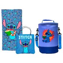 COMP Kit Verão com Stitch Disney: Toalha de Praia 2 em 1 Sacola e Bolsa Térmica Cilíndrica 9L