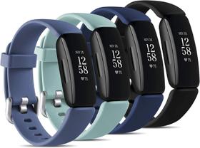 Compatível com 2 pulseiras masculinas e femininas Fitbit Inspire, (pacote com 4) pulseiras de reposição de silicone macio para Inspire 2, grande azul cinza/preto/azul/aqua