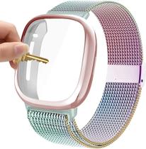 Compatível com 3 pulseiras Fitbit Sense/Versa, pulseira de substituição de malha de metal de aço inoxidável Versa3 com capa protetora compatível com relógio Fitbit Sense/Versa 3
