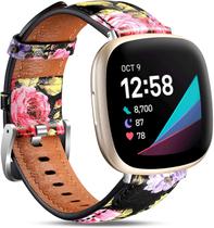 Compatível com Fitbit Sense e Fitbit Versa 3 pulseiras para mulheres e meninas, pulseira de couro de grão superior padrão para smartwatch Fitbit Sense e Versa 3, rosa floral
