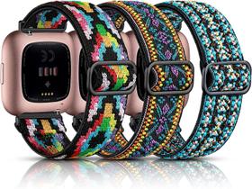 Compatível com Fitbit Versa e Fitbit Versa 2 pulseiras para mulheres e homens, pacote com 3 faixas elásticas de nylon elástico acessórios para relógio inteligente Fitbit Versa 2, verde boho/roxo boho/cor boho