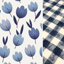Composê Tecido Tricoline Tulipa Azul x Xadrez Mônaco Azul 0,50 x 1,50 mt Composê Tecido Tricoline Tulipa Azul x Xadrez Mônaco Azul 0,50 x 1,50 mt