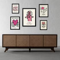 Composição 5 Quadros Keith Haring Rosa - com vidro