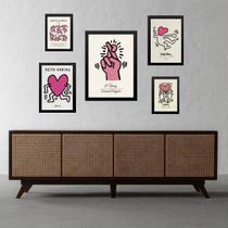 Composição 5 Quadros Keith Haring Rosa - Com Vidro