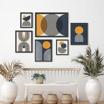 Composição 6 Quadros Abstratos Minimalistas Azul E Mostarda - com vidro