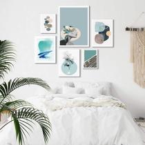 Composição 6 Quadros Abstratos Soft Verde Água - Com Vidro