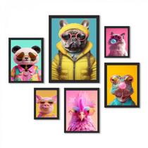 Composição 6 Quadros Teenager Bichos Fashion - com vidro Composição 6 Quadros Teenager Bichos Fashion - com vidro