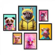 Composição 6 Quadros Teenager Bichos Fashion - Com Vidro Composição 6 Quadros Teenager Bichos Fashion - Com Vidro