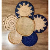 Composição De Parede Palha Cestos Leques Mandalas Boho Azul