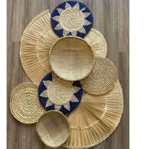 Composição De Parede Palha Cestos Leques Mandalas Boho Azul