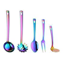 Comprador Estrela Utensílios de Cozinha Set 5 PCes Utensílios de Cozinha Aço Inoxidável 18/0 Ferramenta De Cozinha E Gadgets Salada Colher Garfos Molho Concha Pasta Servidor Batata Masher Espelho Polonês Prato Lavadora de Louça Segura, arco-íris