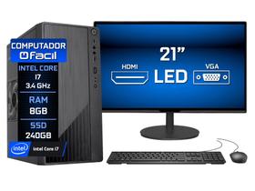 Computador Fácil Intel Core i7 3.4GHz 8GB SSD 240GB Monitor 21" HDMI LED Teclado e Mouse
