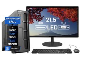 Computador Fácil Slim Premium Completo Intel Core i5 9400f (Nona Geração) 16GB DDR4 SSD 960GB Monitor 21,5" HDMI LED